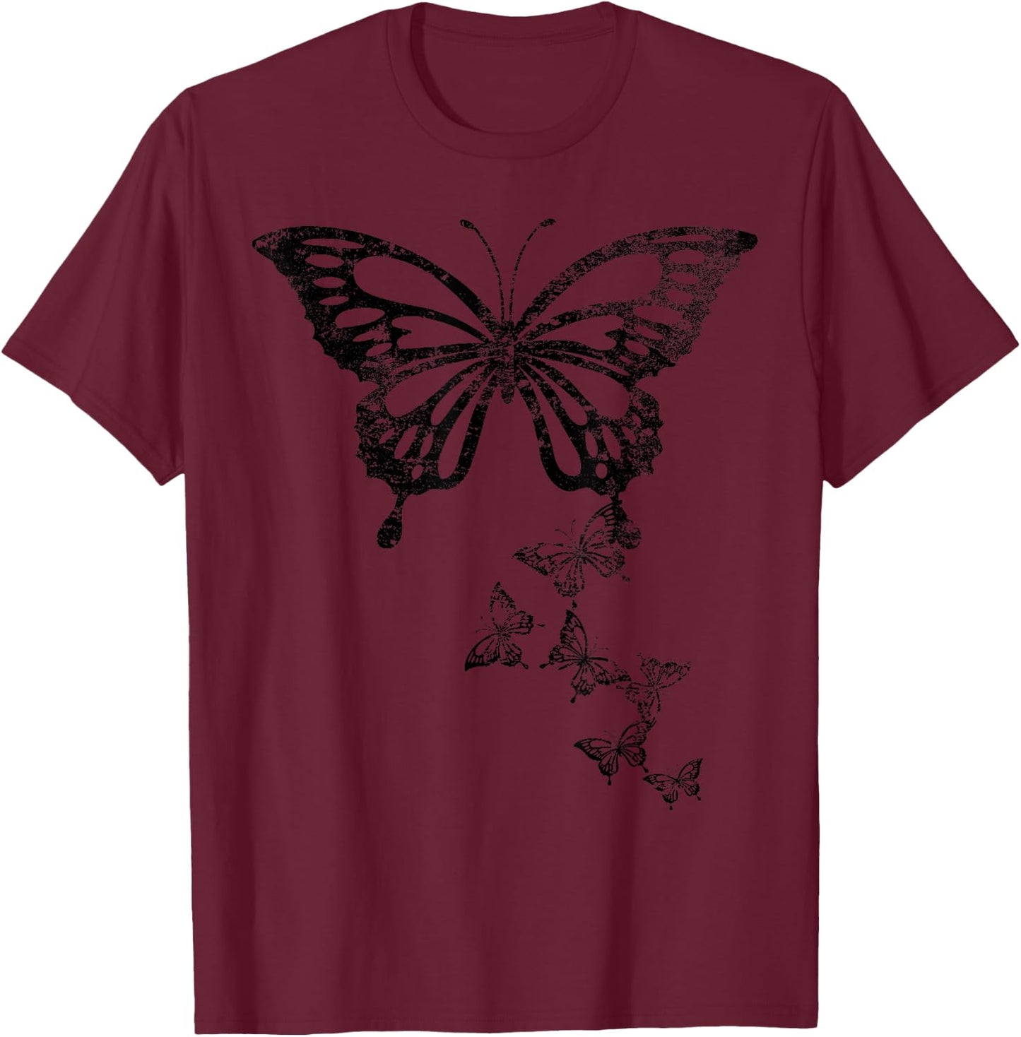 Butterfly Graphic Black Print Distressed T-Shirt - T-Shirt | Maroon
