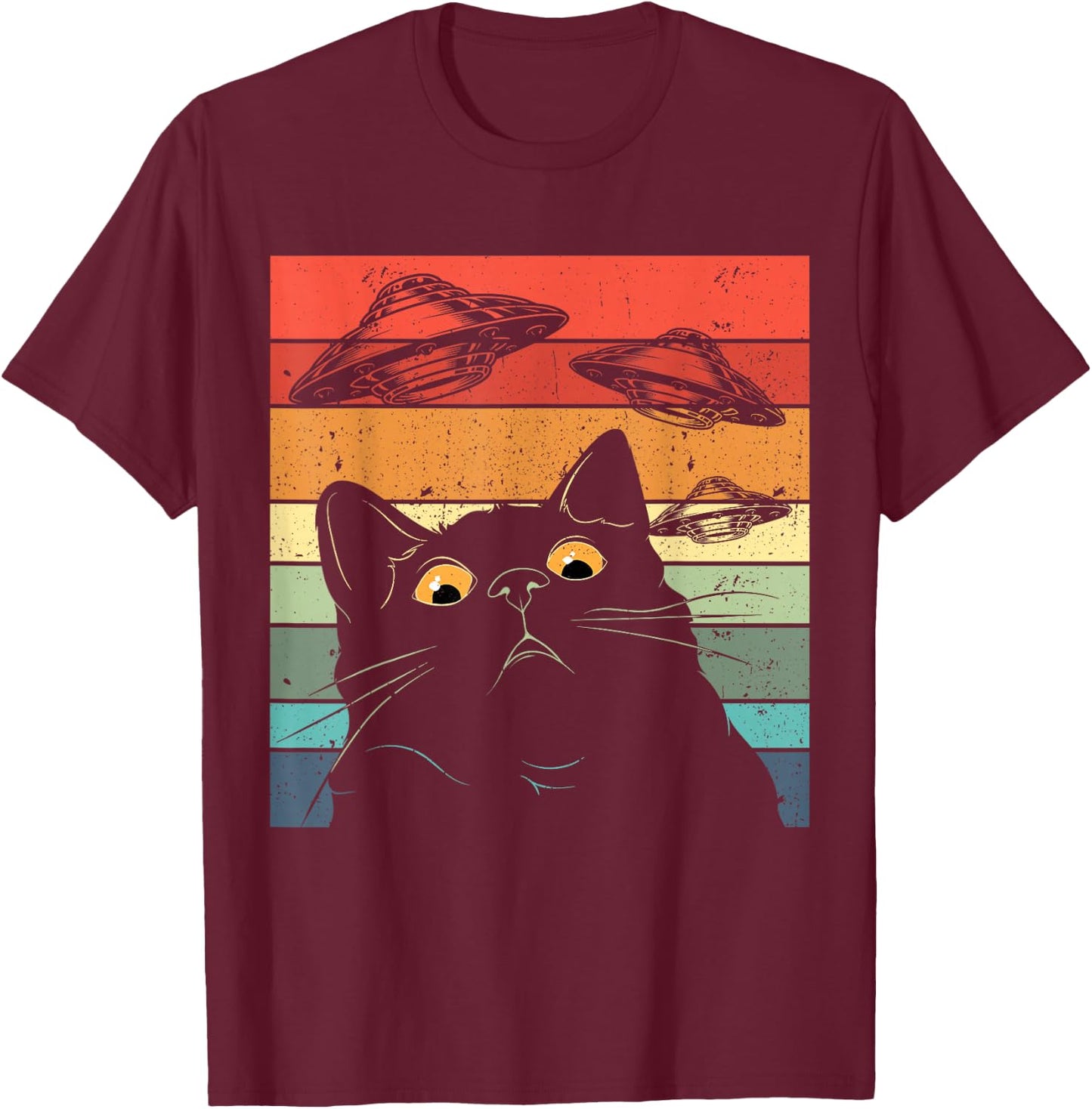 Funny Cat , Galaxy Cat Shirt Spaceship Alien Cat UFO T-Shirt - T-Shirt | Maroon