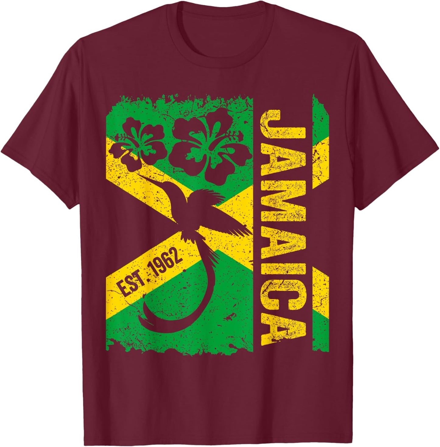 Jamaica Doctor Bird 1962 Independence Distress Jamaican Flag T-Shirt - T-Shirt | Maroon