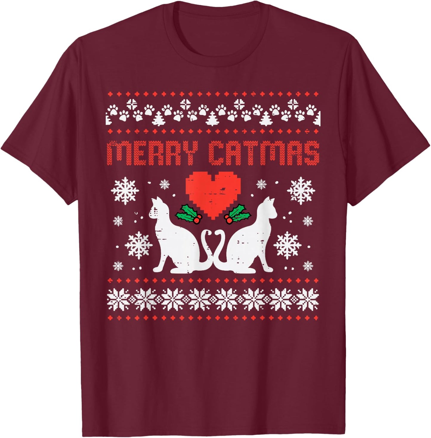 Merry Catmas Cat Ugly Christmas Vintage Xmas Women Men Kids T-Shirt - T-Shirt | Maroon