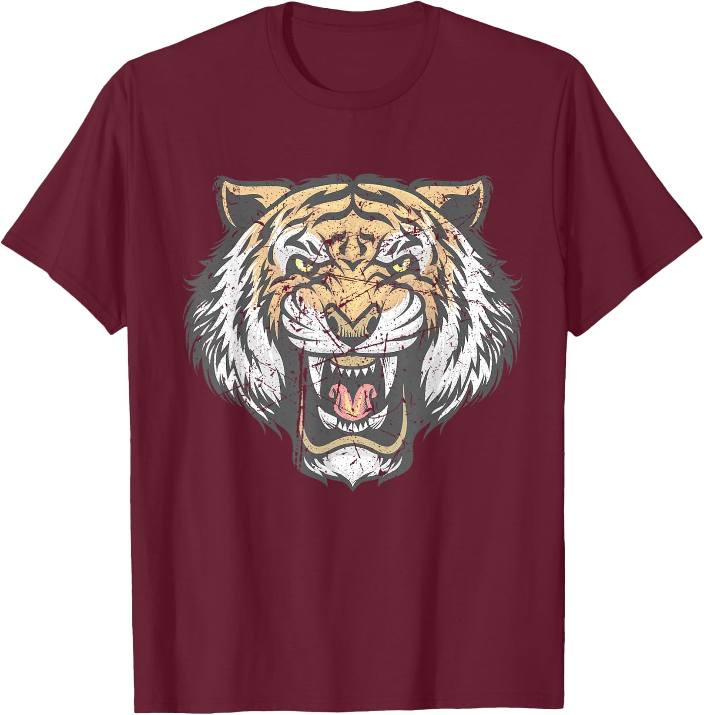 Tiger Head Face Distressed Wildlife Lover T-Shirt - T-Shirt | Maroon