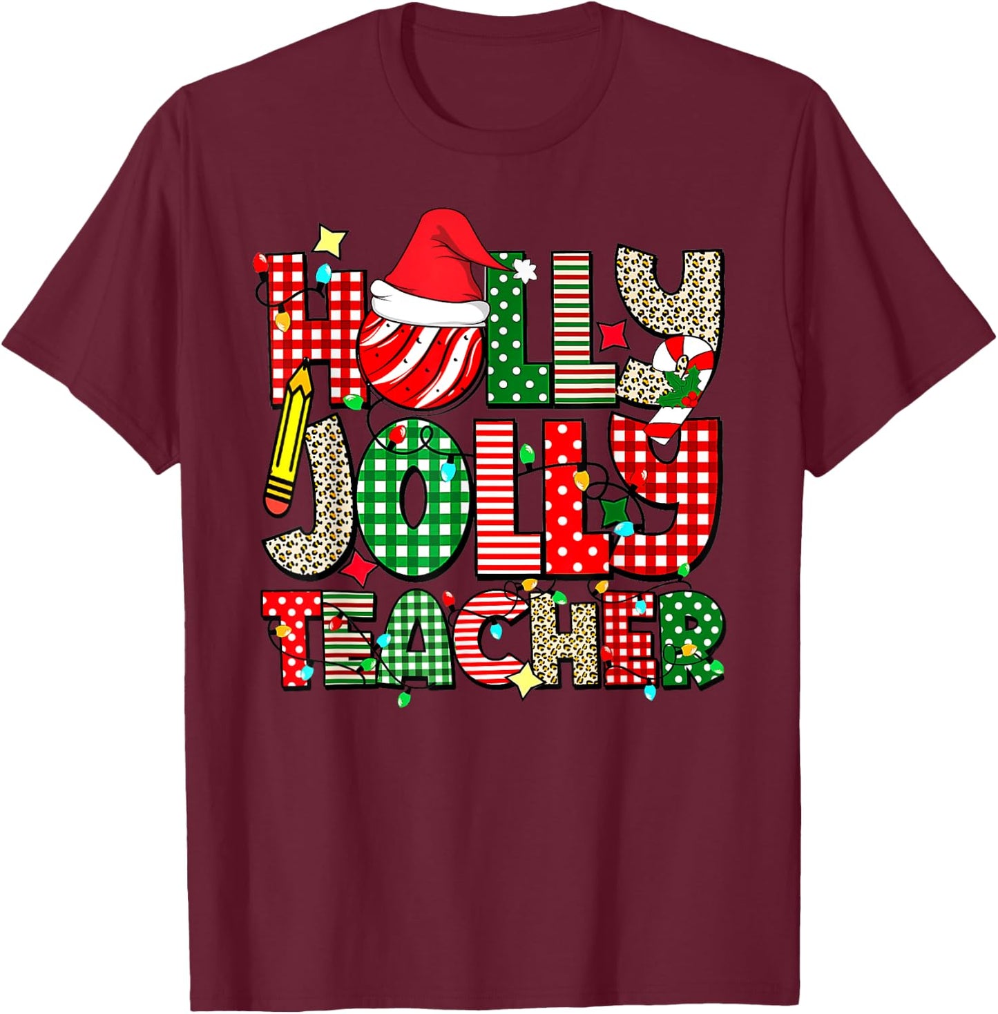 Holly n Jolly Teacher Santa Christmas Smile Face Hippie Men Women Kids T-Shirt - T-Shirt | Maroon