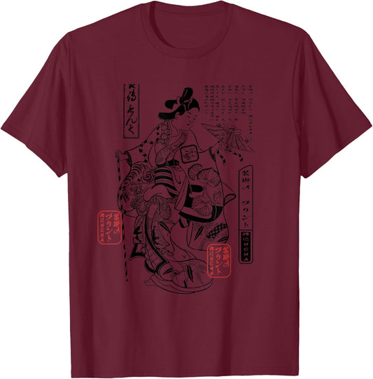 Japanese Geisha Ukiyo-e Aesthetic Art Print T-Shirt - T-Shirt | Maroon