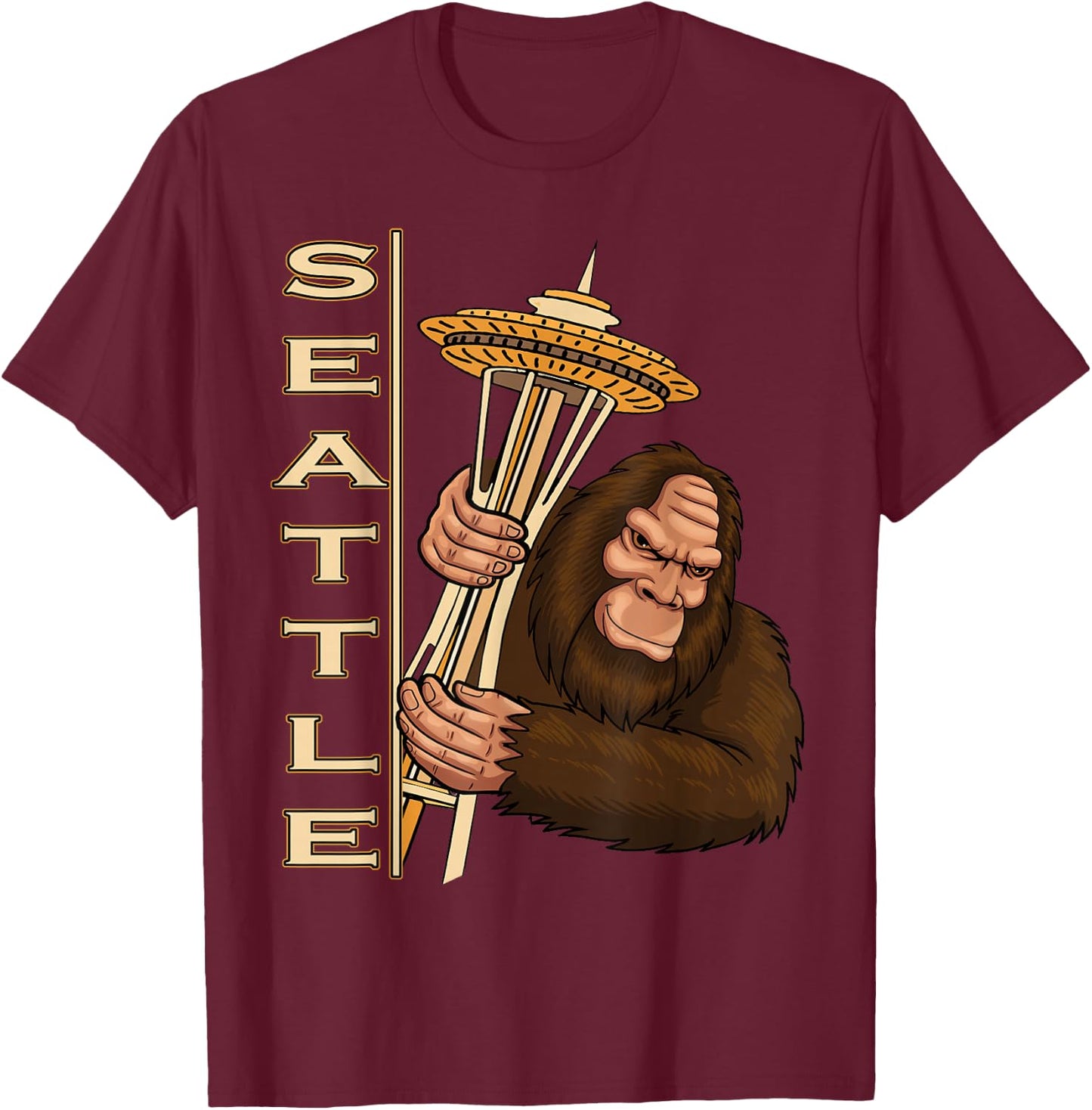 Pacific Northwest Seattle Sasquatch Space Needle Souvenir T-Shirt - T-Shirt | Maroon