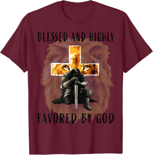 Blessed Favored Christian Religious Messages Lion Saying Men T-Shirt - T-Shirt | Maroon