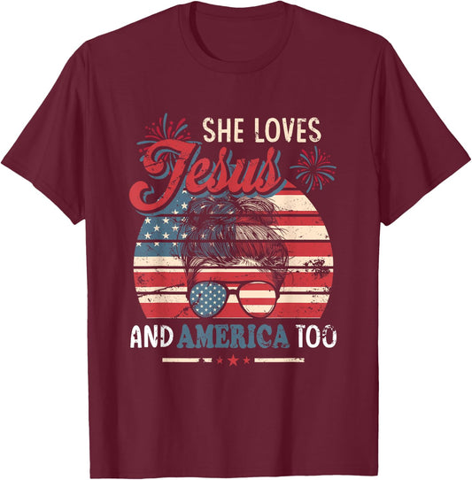She Loves Jesus And America Too 4th of July Christian Lover Men T-Shirt - T-Shirt | Maroon