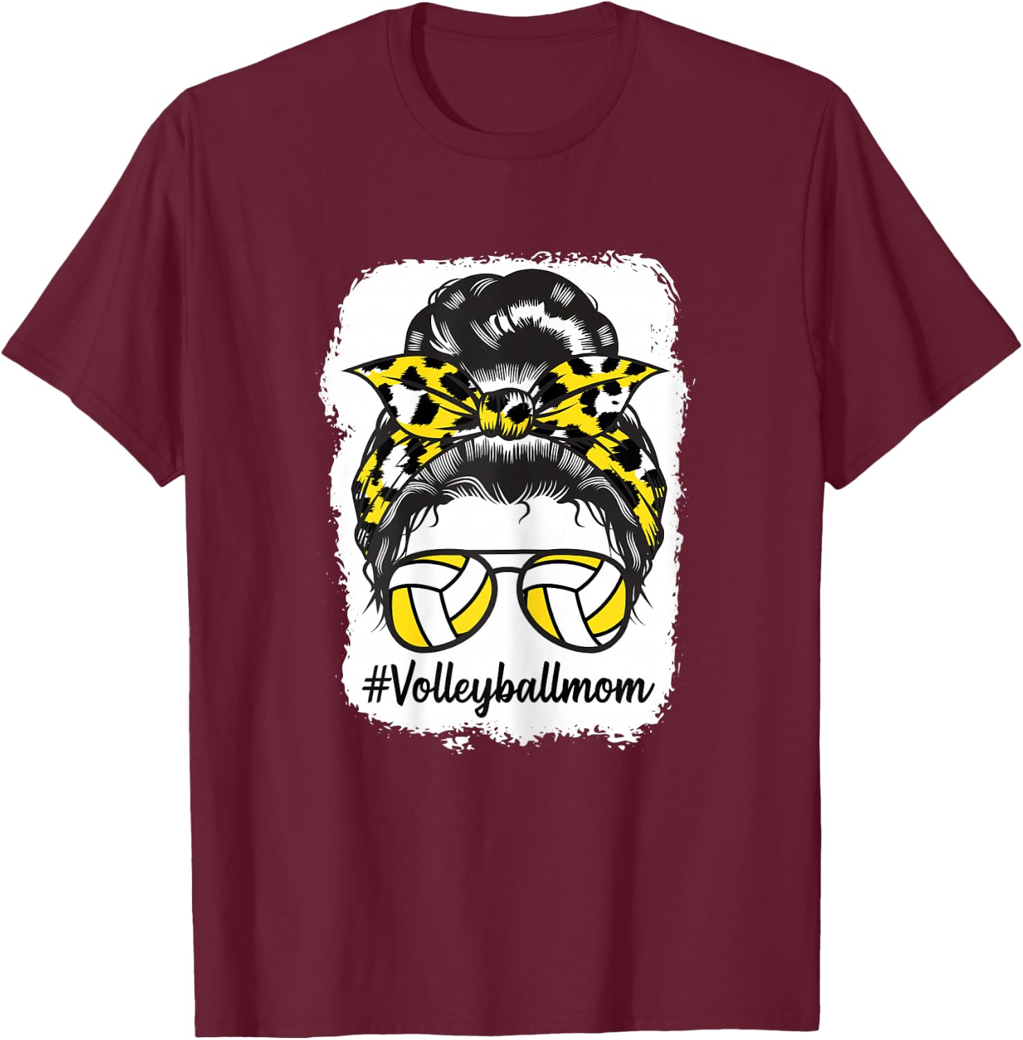 Bleached Volleyball Mom Messy Bun Yellow Leopard Print T-Shirt - T-Shirt | Maroon