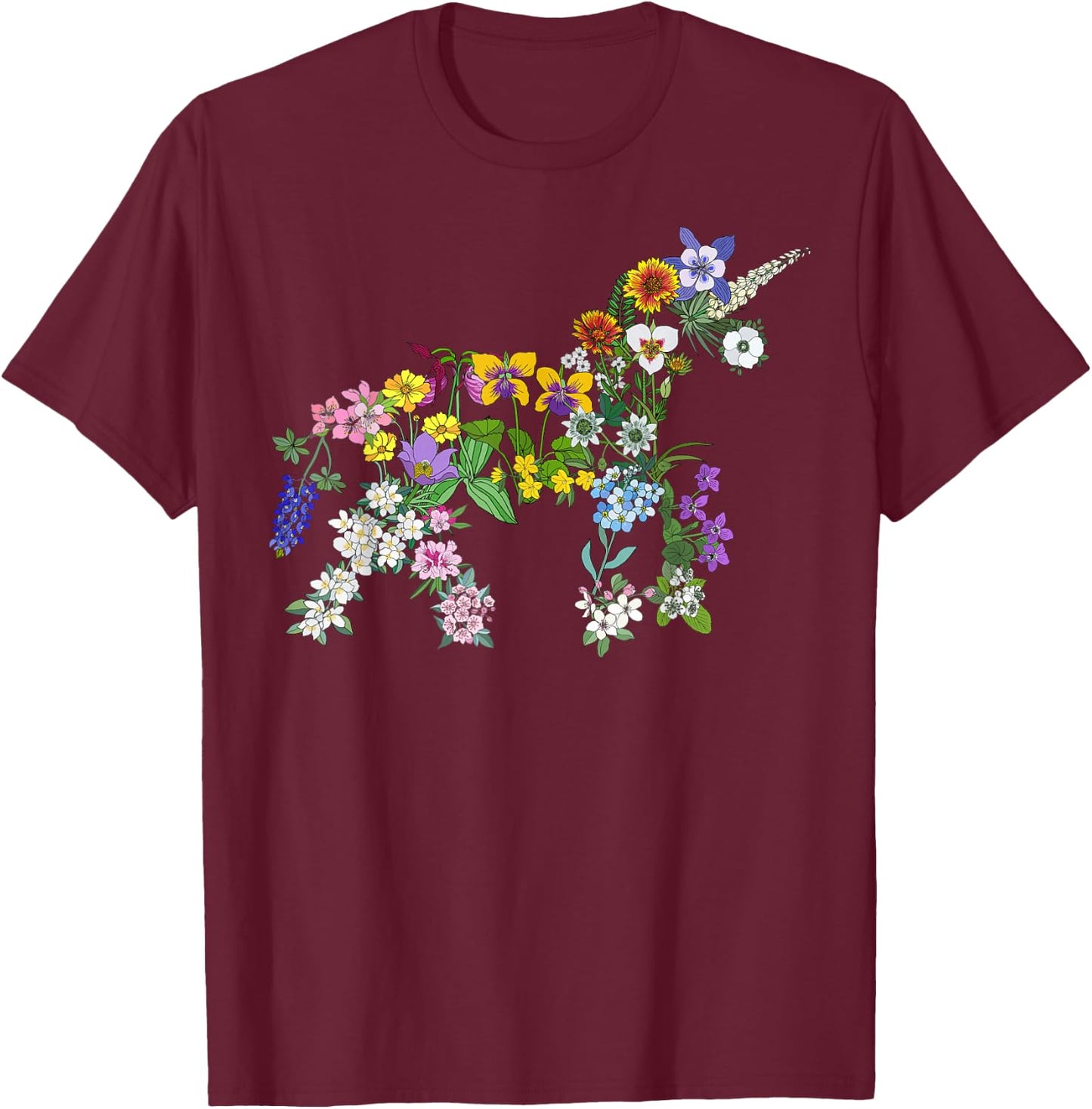 Floral Unicorn Wildflowers Flower Unicorn Shape T-Shirt - T-Shirt | Maroon