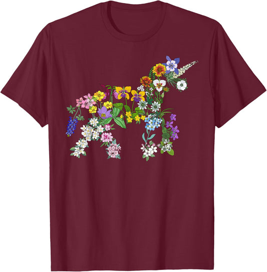 Floral Unicorn Wildflowers Flower Unicorn Shape T-Shirt - T-Shirt | Maroon