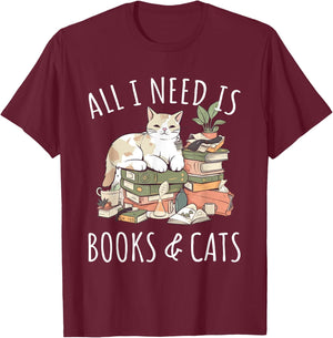 All I need is Books & Cats Women Reading Cat Lover T-Shirt - T-Shirt | Maroon