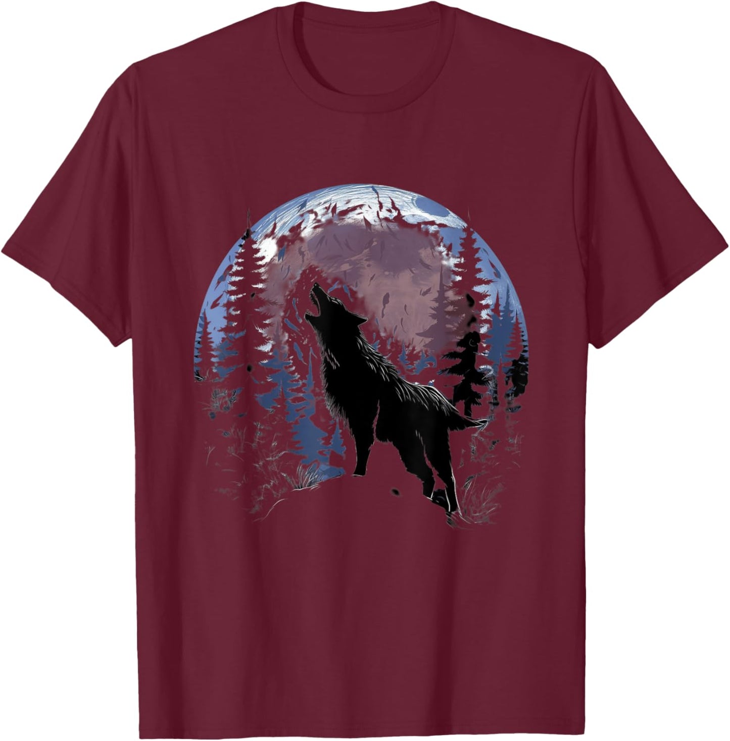 Lone Wolf Call in Full Moon Light T-Shirt - T-Shirt | Maroon