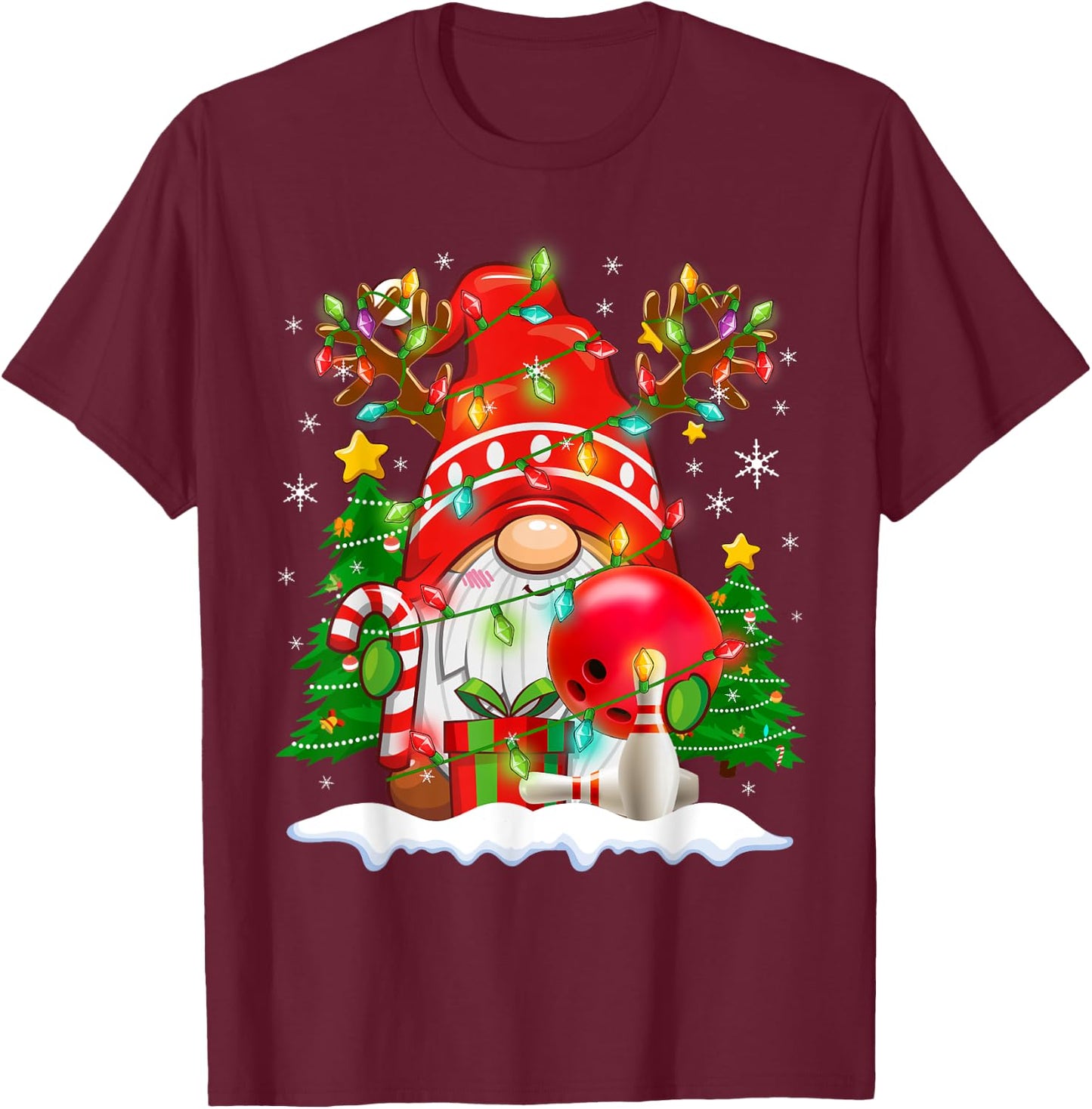 Funny Reindeer Gnome & Bowling Ball Christmas Lights Xmas T-Shirt - T-Shirt | Maroon