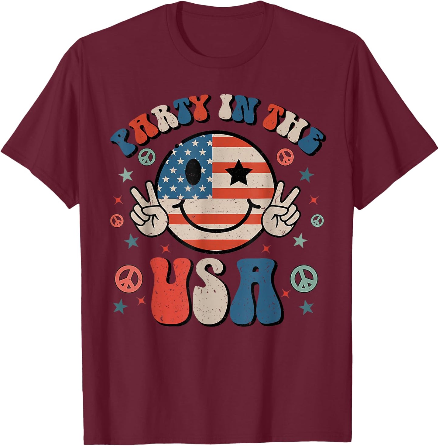 Party in The USA 4th of July Preppy Smile Kids Men Women T-Shirt - T-Shirt | Maroon