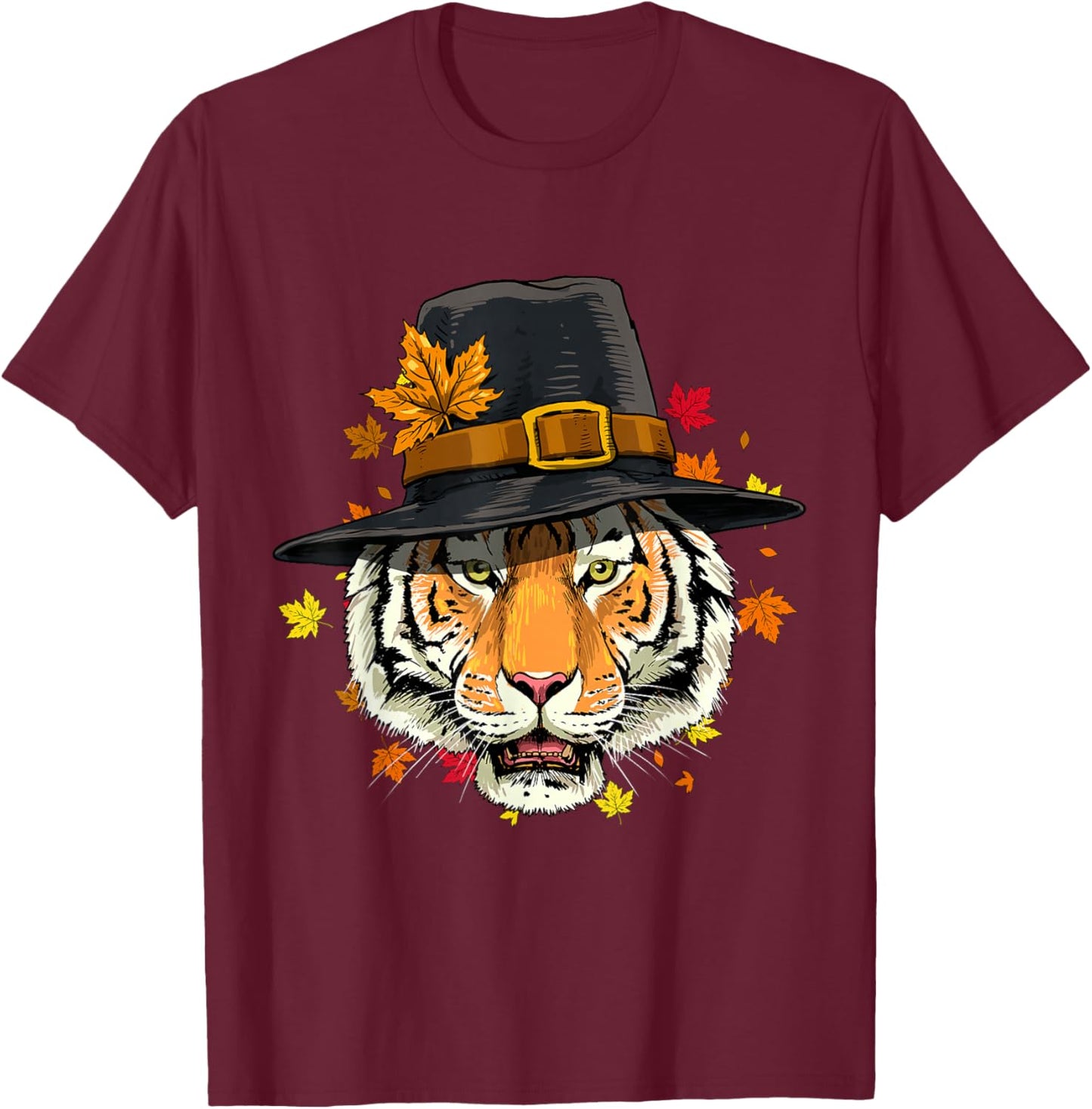 Thanksgiving Tiger Cat Pilgrim Turkey Day Autumn Tiger Lover Men Women Girls Kids T-Shirt - T-Shirt | Maroon