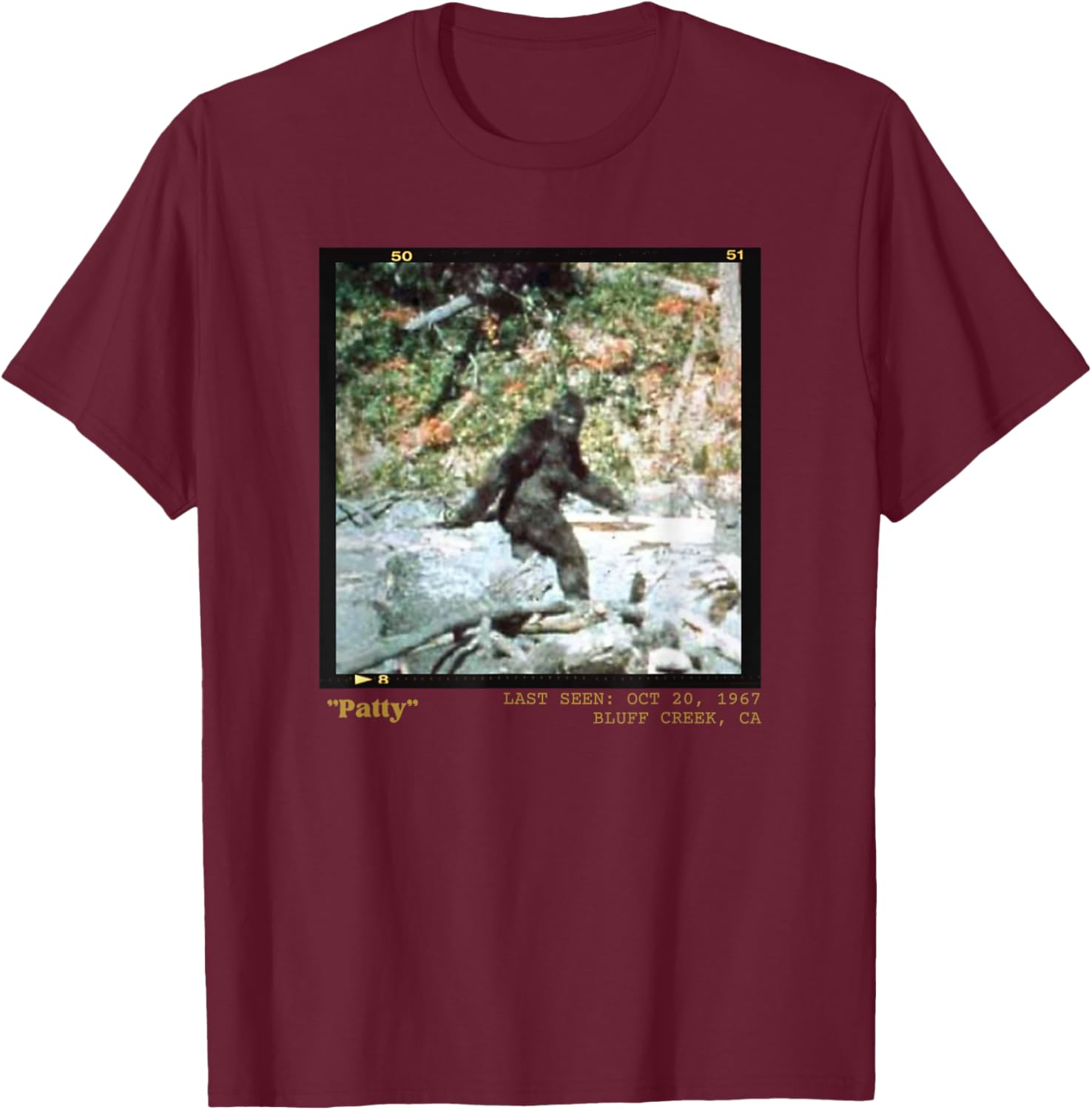Bigfoot History Historic Bigfoot Photography Patty the Bigfoot T-Shirt - T-Shirt | Maroon