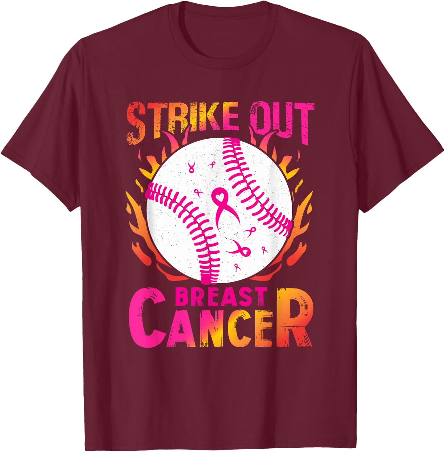 Strike Out Breast Cancer - Baseball Pink Ribbon Awareness T-Shirt - T-Shirt | Maroon