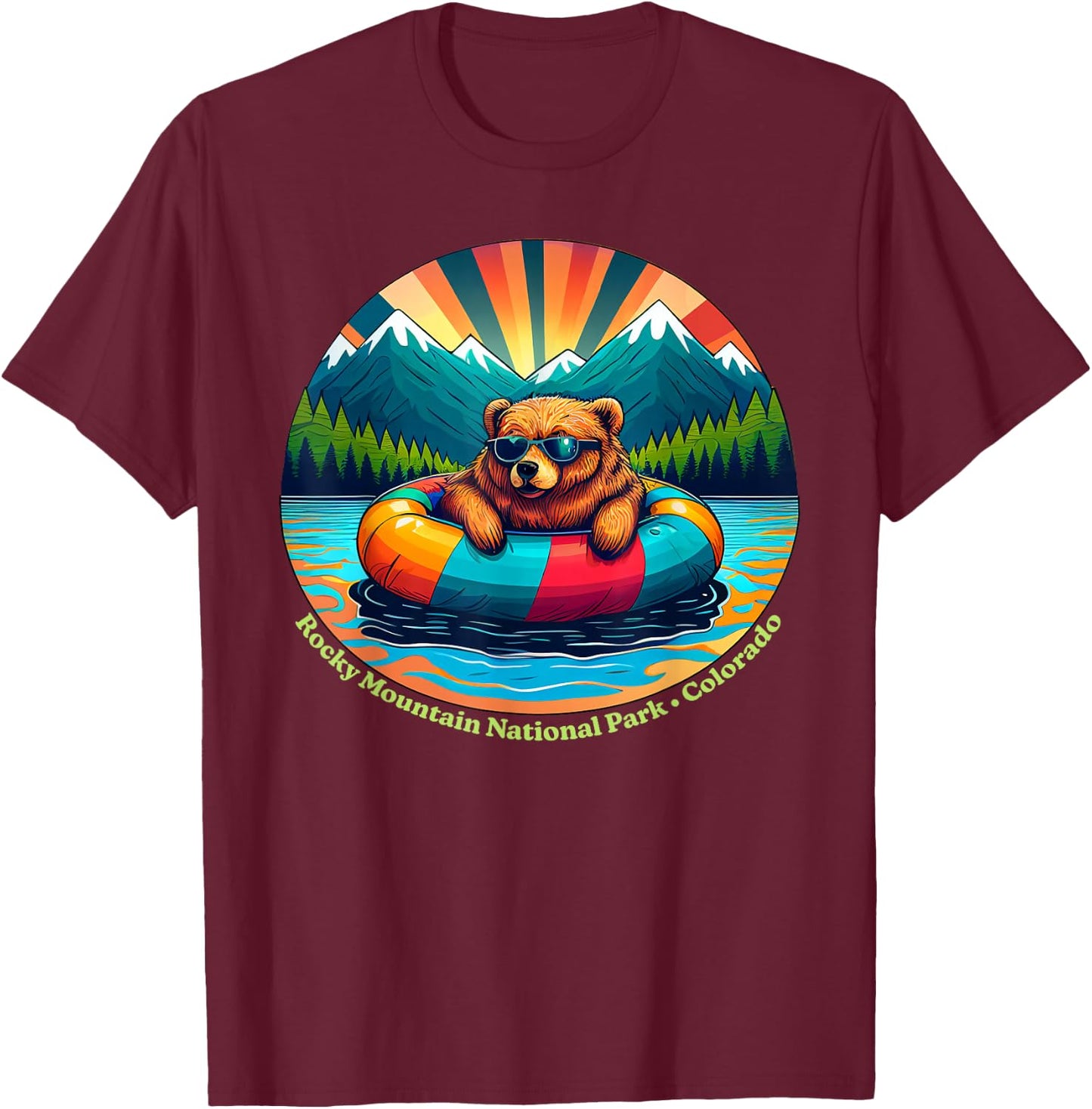 Rocky Mountain National Park Bear with Sunglasses Souvenir T-Shirt - T-Shirt | Maroon