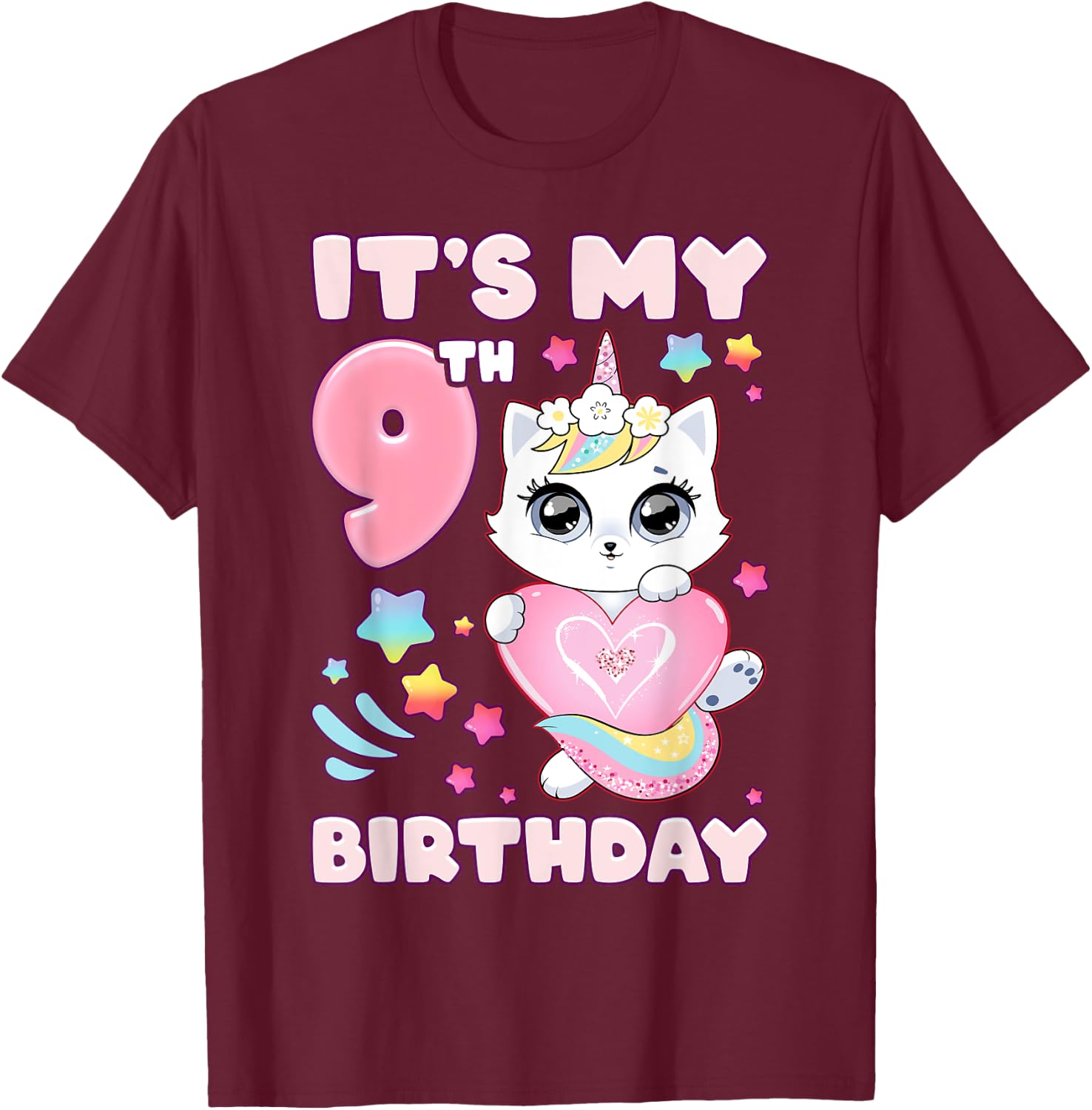 Birthday girl 9 years old, cat, unicorn, 9th birthday T-Shirt - T-Shirt | Maroon