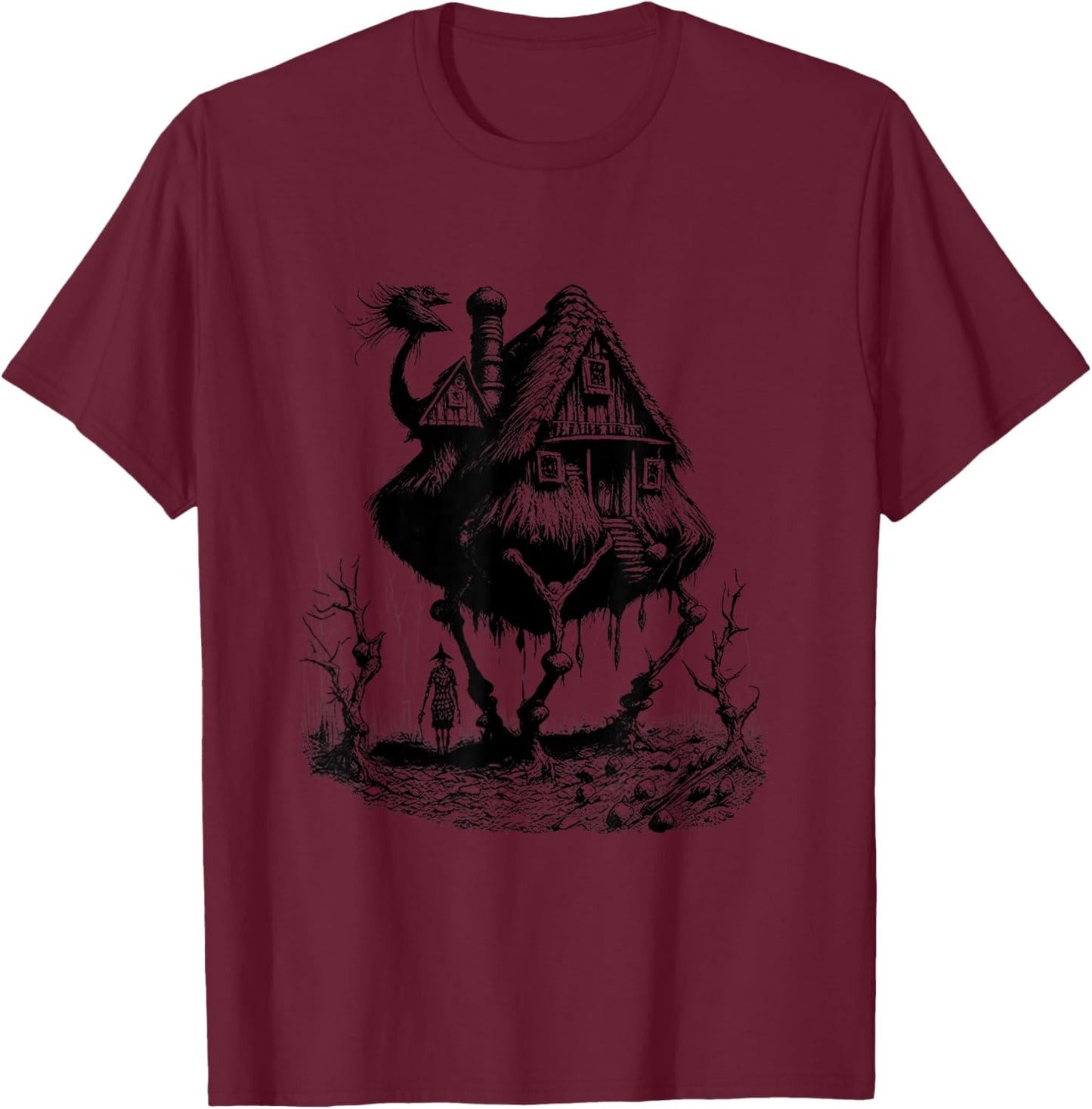 Walking House on Chicken Legs Slavic folklore Baba Yaga Art T-Shirt - T-Shirt | Maroon