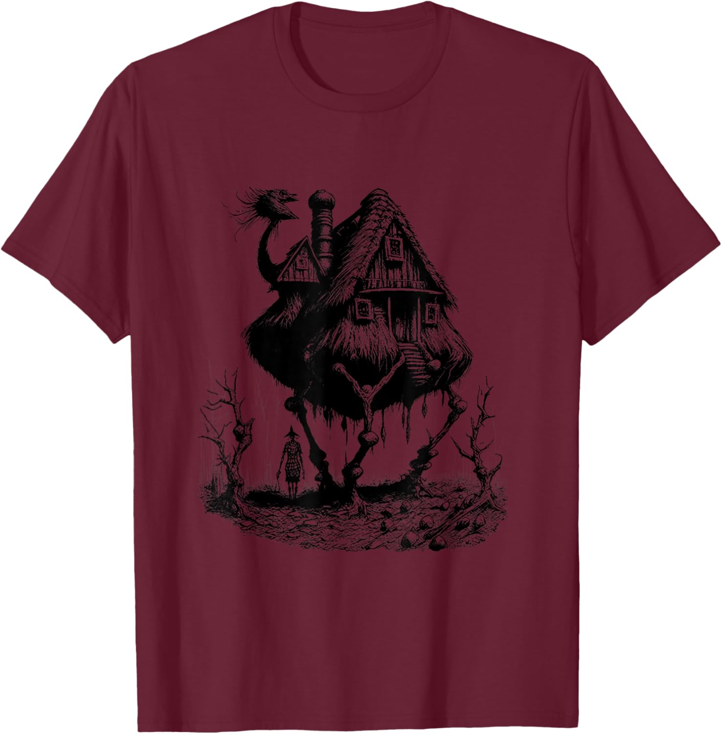 Walking House on Chicken Legs Slavic folklore Baba Yaga Art T-Shirt - T-Shirt | Maroon