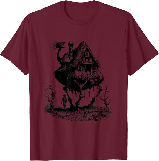 Walking House on Chicken Legs Slavic folklore Baba Yaga Art T-Shirt - T-Shirt | Maroon