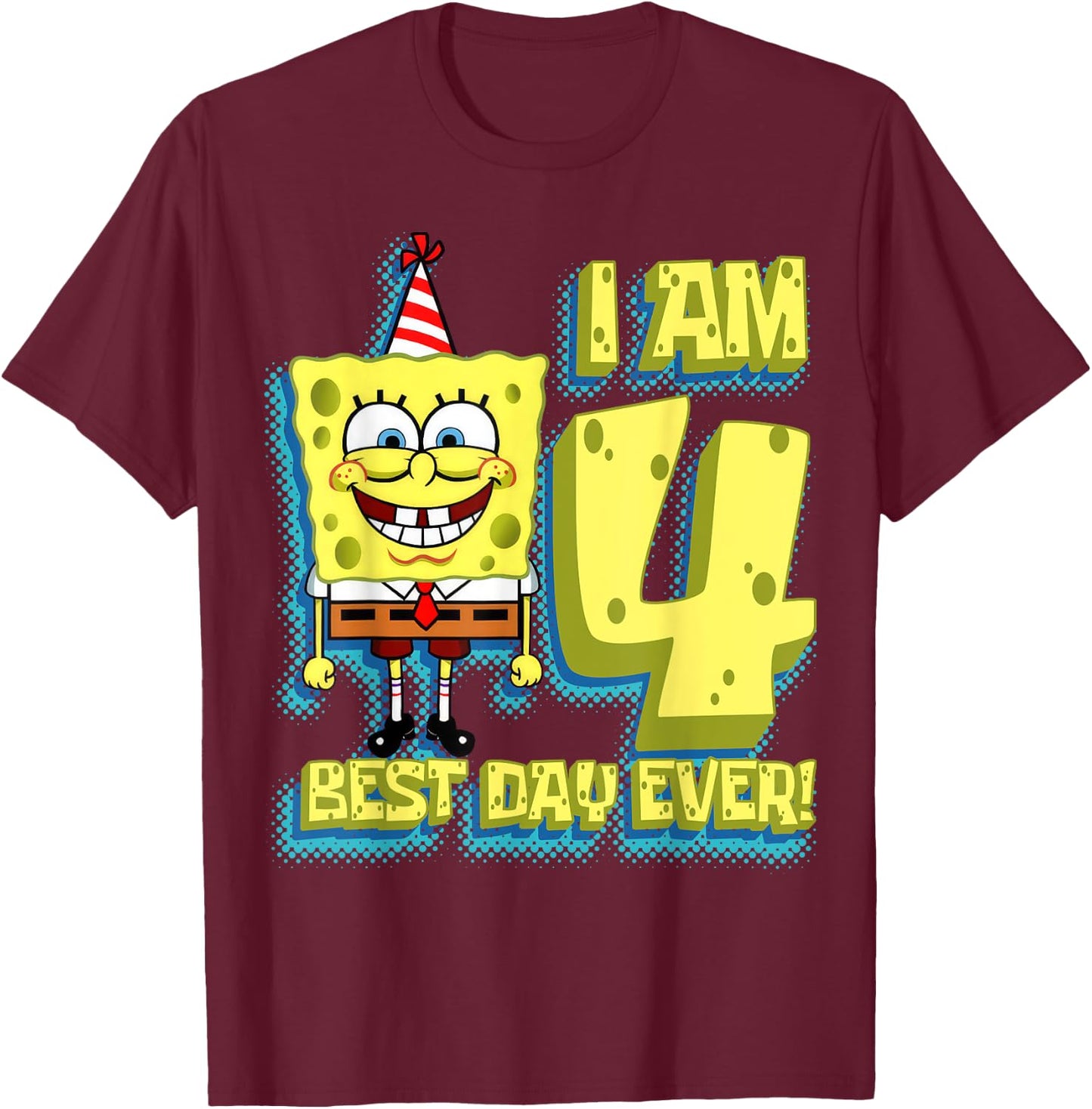 Mademark x SpongeBob SquarePants - SpongeBob SquarePants Birthday I am 4 Best Day Ever T-Shirt - T-Shirt | Maroon