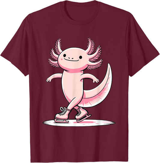 Cute Axolotl Ice Skating Skater Figure Skating For Girls T-Shirt - T-Shirt | Maroon
