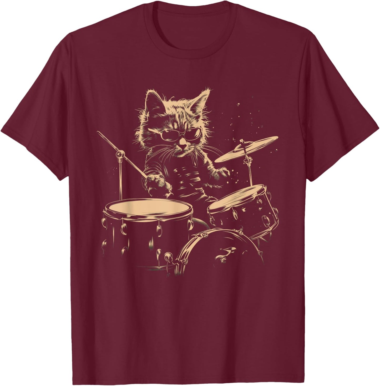 Pop Rock Drummer Cat Kitten Music Playing Drums Music Bands T-Shirt - T-Shirt | Maroon