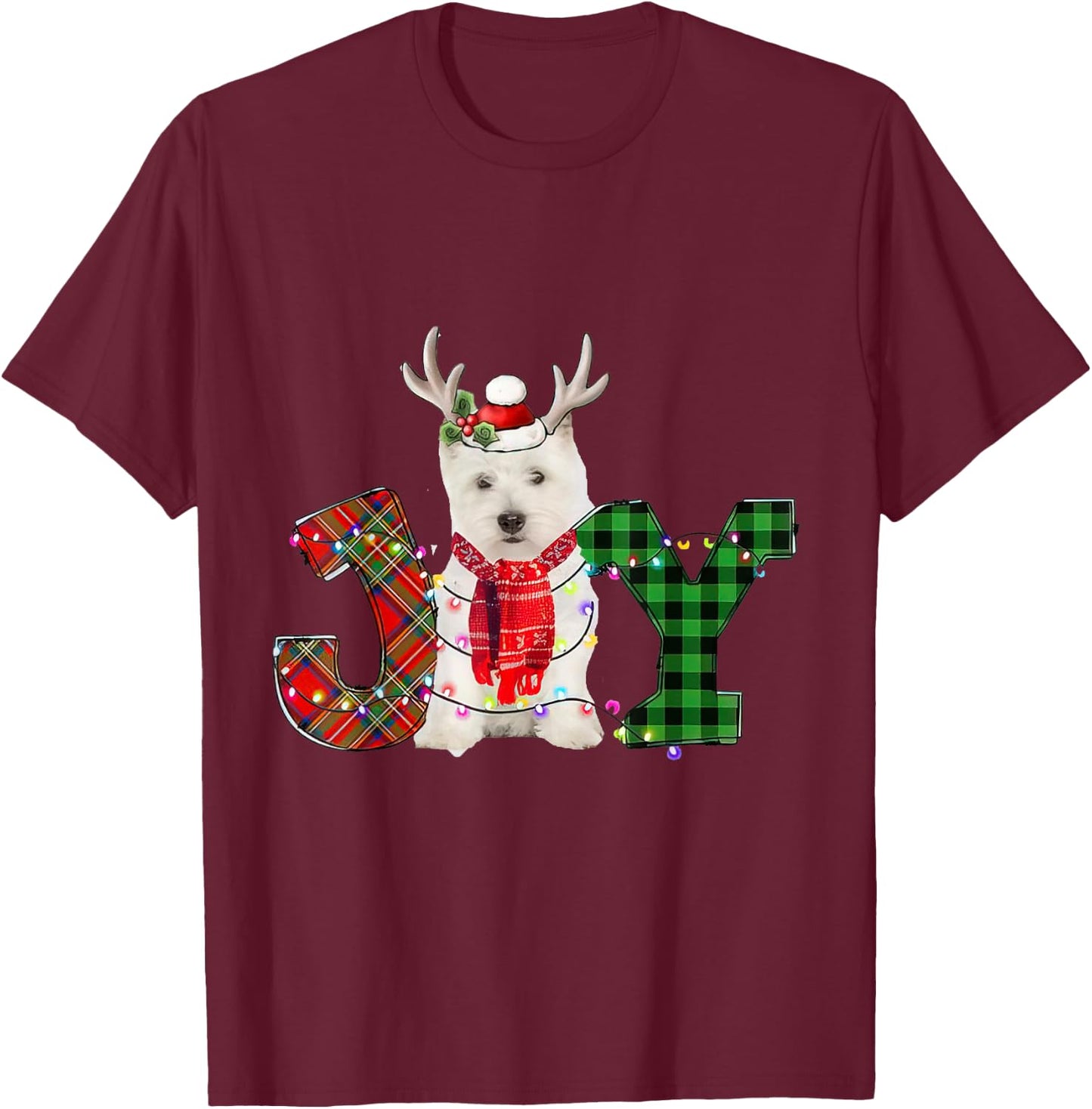 Joy Christmas Lights West Highland White Terrier Dog Santa Women Kids T-Shirt - T-Shirt | Maroon