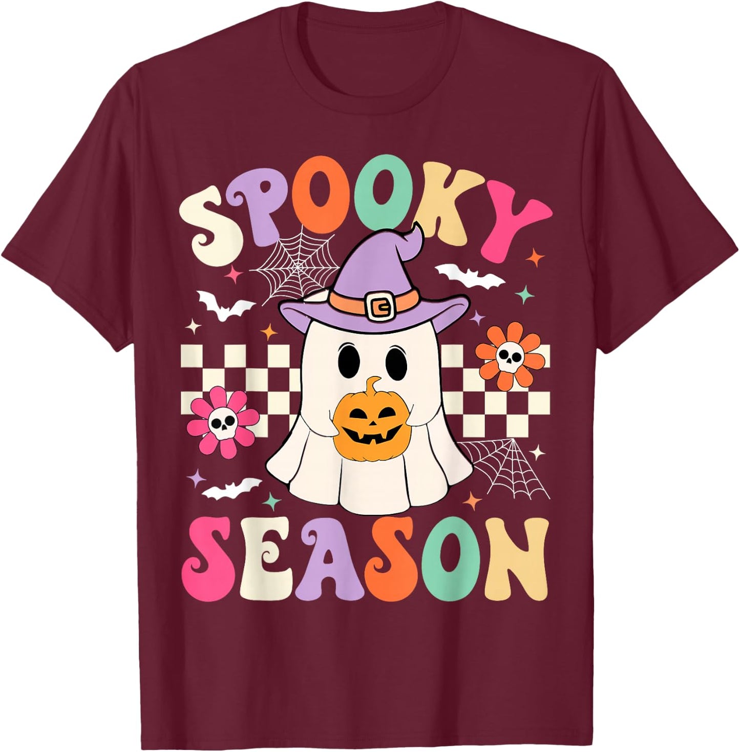 Groovy Spooky Season Retro Ghost Holding Pumpkin Halloween T-Shirt - T-Shirt | Maroon