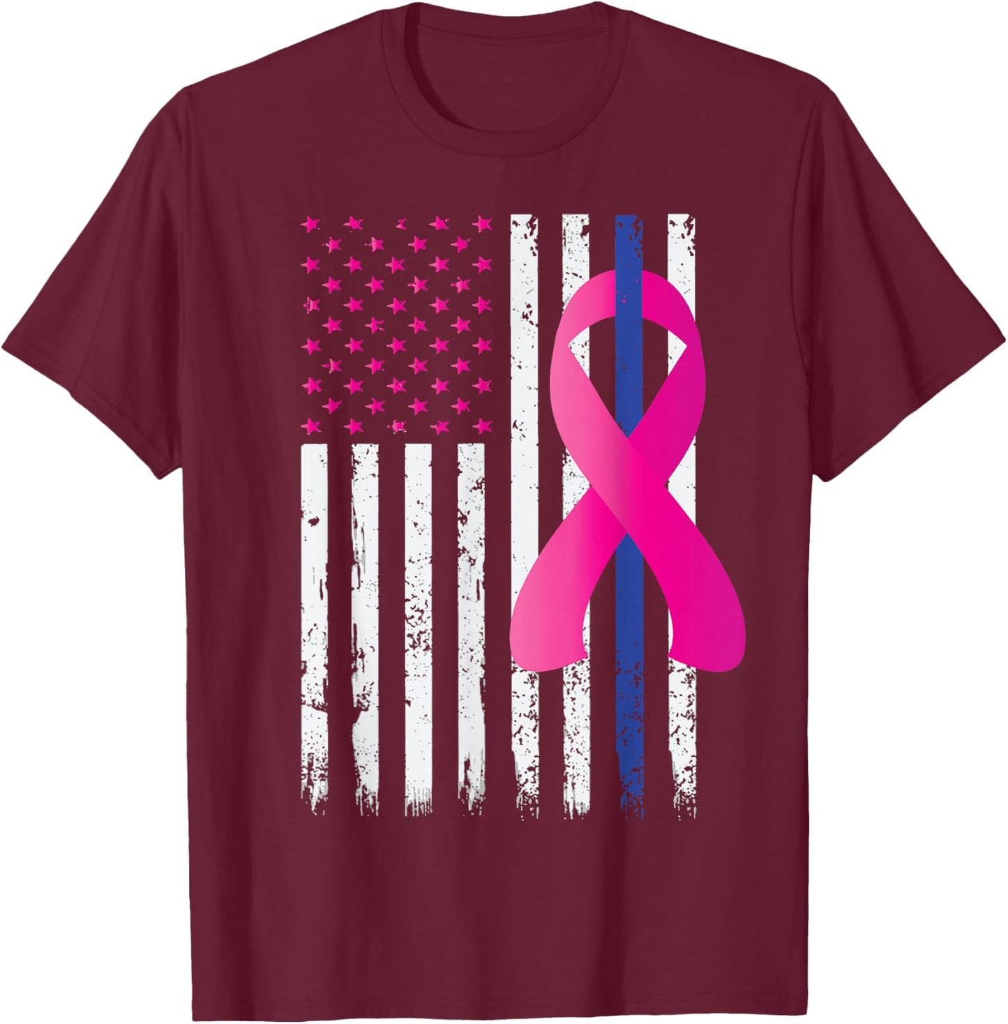 Breast Cancer Awareness Thin Blue Line Vintage Police Flag T-Shirt - T-Shirt | Maroon