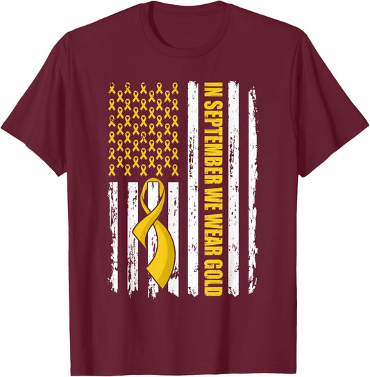 In September We Wear Gold Flag Childhood Cancer Awareness T-Shirt - T-Shirt | Maroon