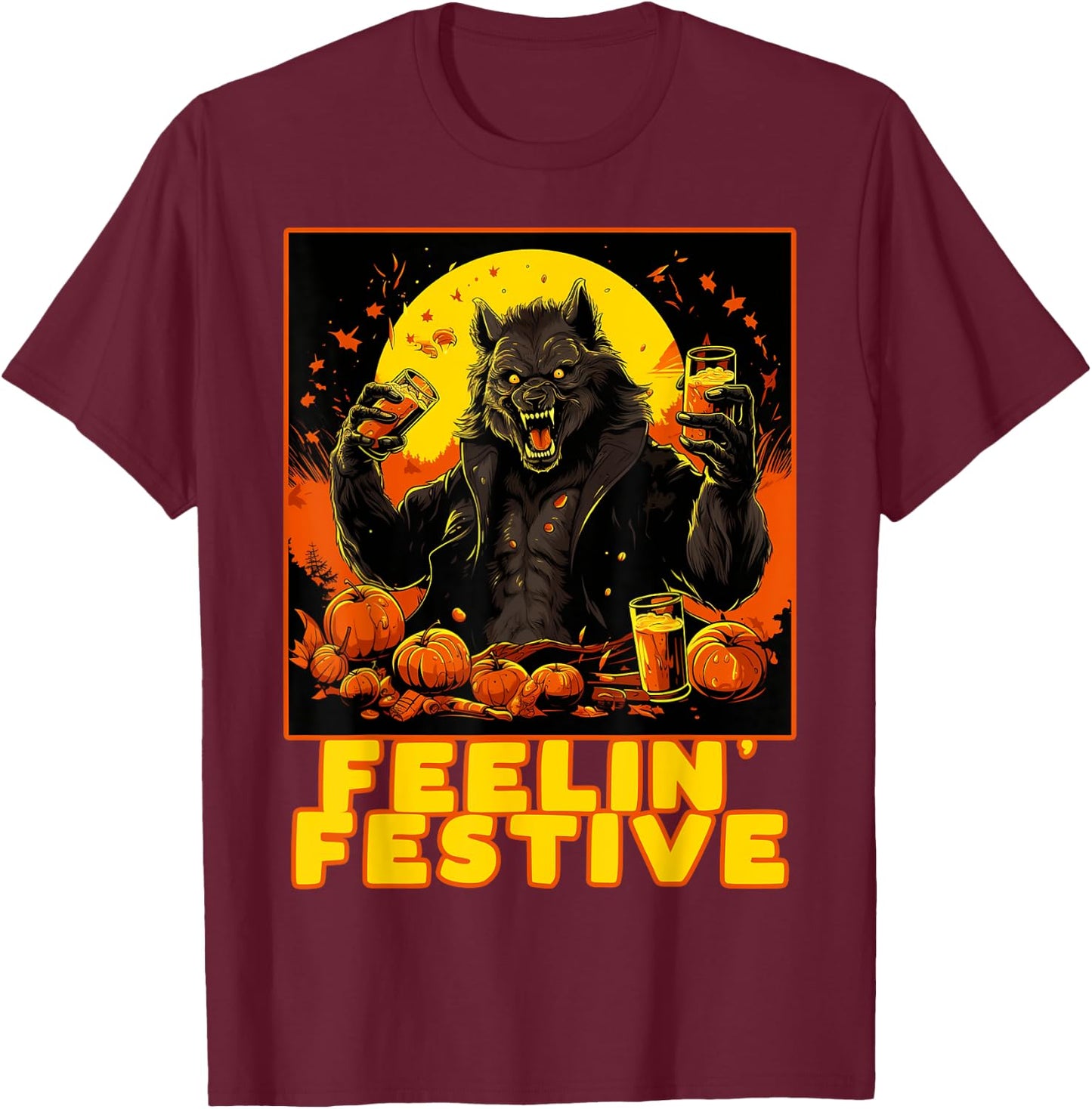 Funny Werewolf Drinking Halloween Costume Party Thanksgiving T-Shirt - T-Shirt | Maroon