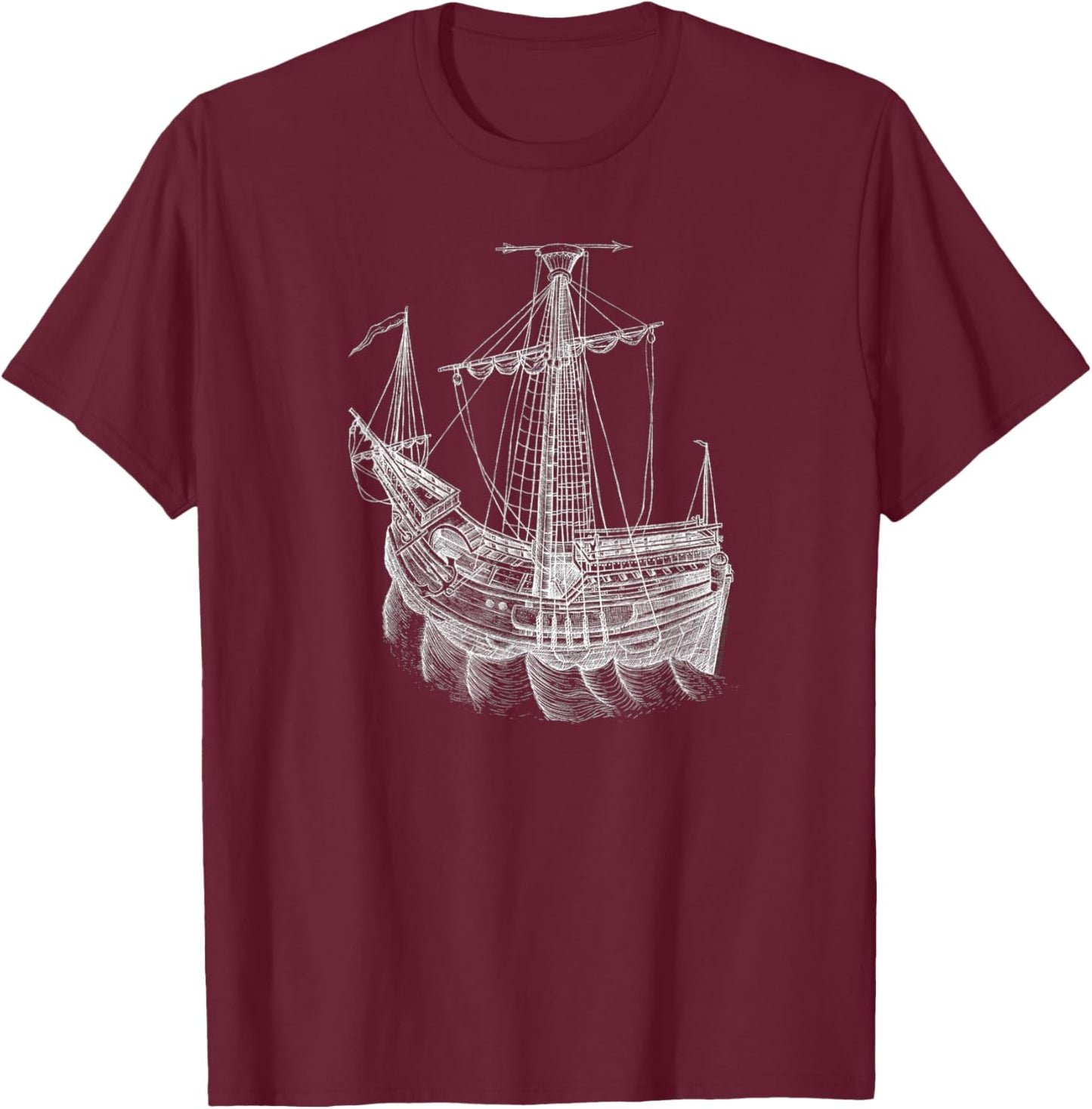 Vintage Historical Sailing Ship Drawing Sailing Ship T-Shirt - T-Shirt | Maroon