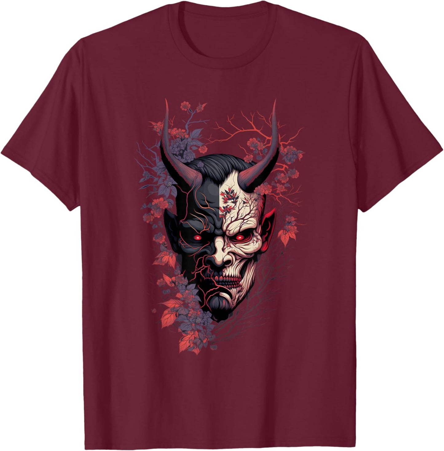 Traditional Japanese Tattoo Demon Mask, Oni Hannya Samurai T-Shirt - T-Shirt | Maroon