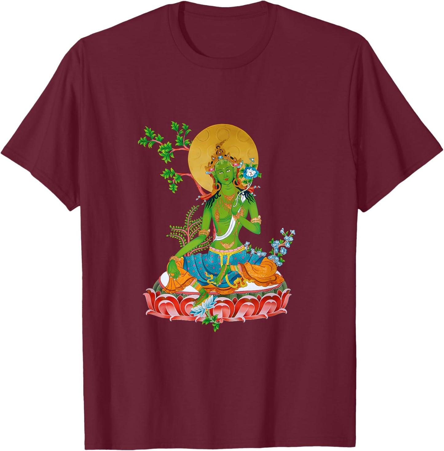 Tibetan Green Tara Buddha T-Shirt - T-Shirt | Maroon