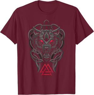 Viking Fenrir - Monstrous Wolf Valknut Norse Mythology T-Shirt - T-Shirt | Maroon