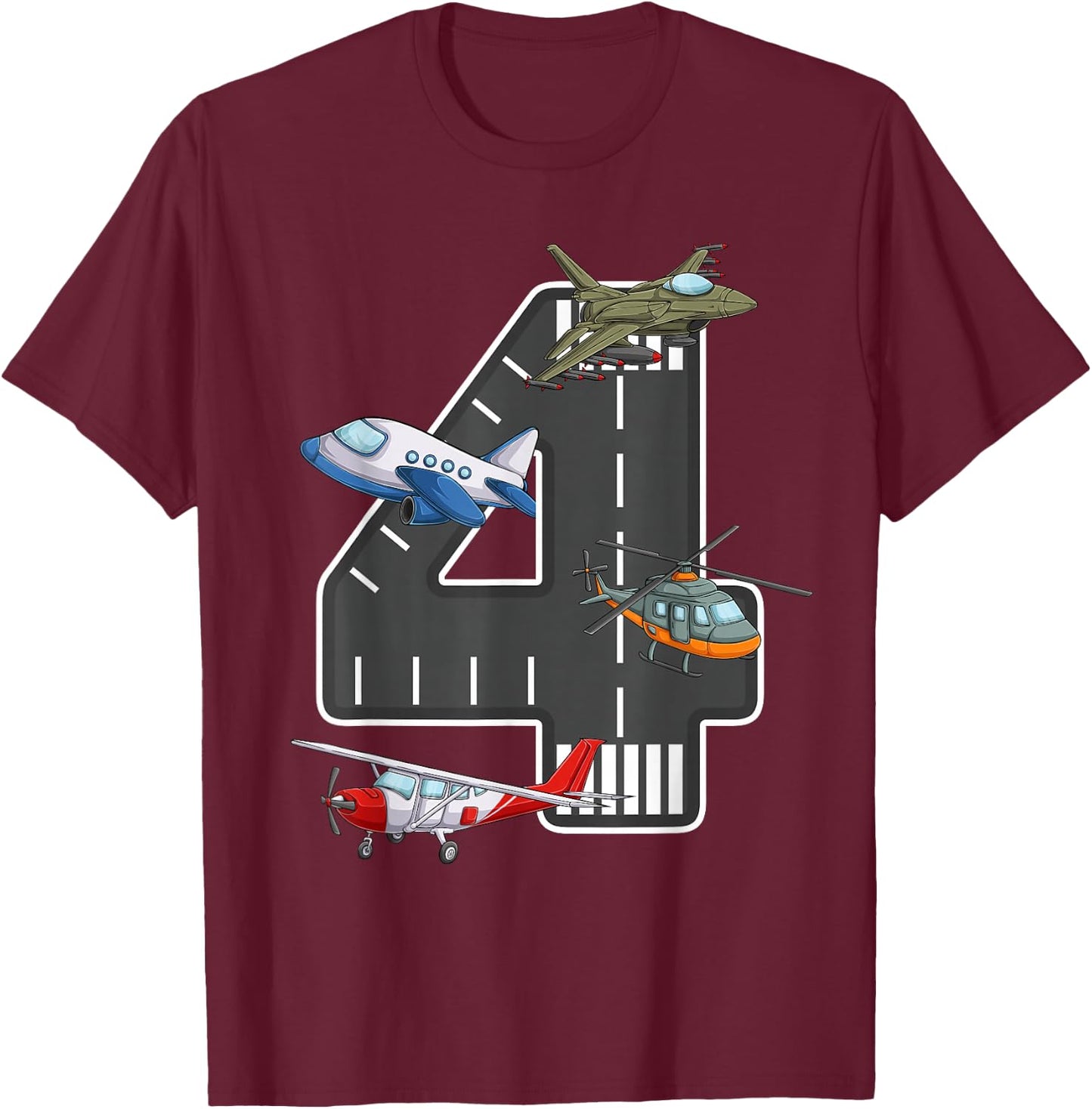 Little Pilot 4th Birthday Party 4 Four Year Old Airplane T-Shirt - T-Shirt | Maroon