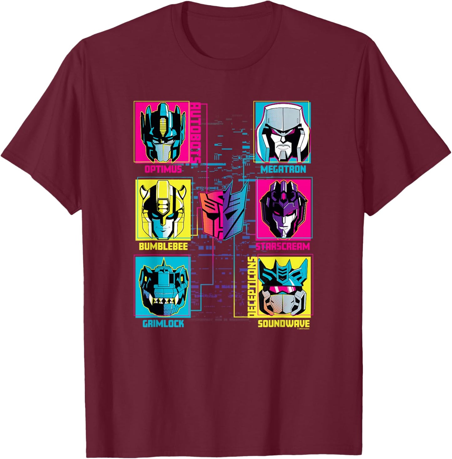Transformers Group Shot Bright Neon Box Up Characters T-Shirt - T-Shirt | Maroon