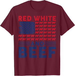 Red White And Beef 4th Of July Cattle American Flag Cow T-Shirt - T-Shirt | Maroon