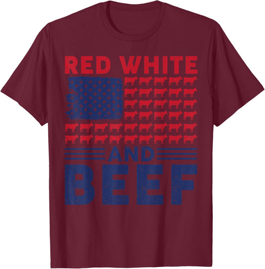 Red White And Beef 4th Of July Cattle American Flag Cow T-Shirt - T-Shirt | Maroon