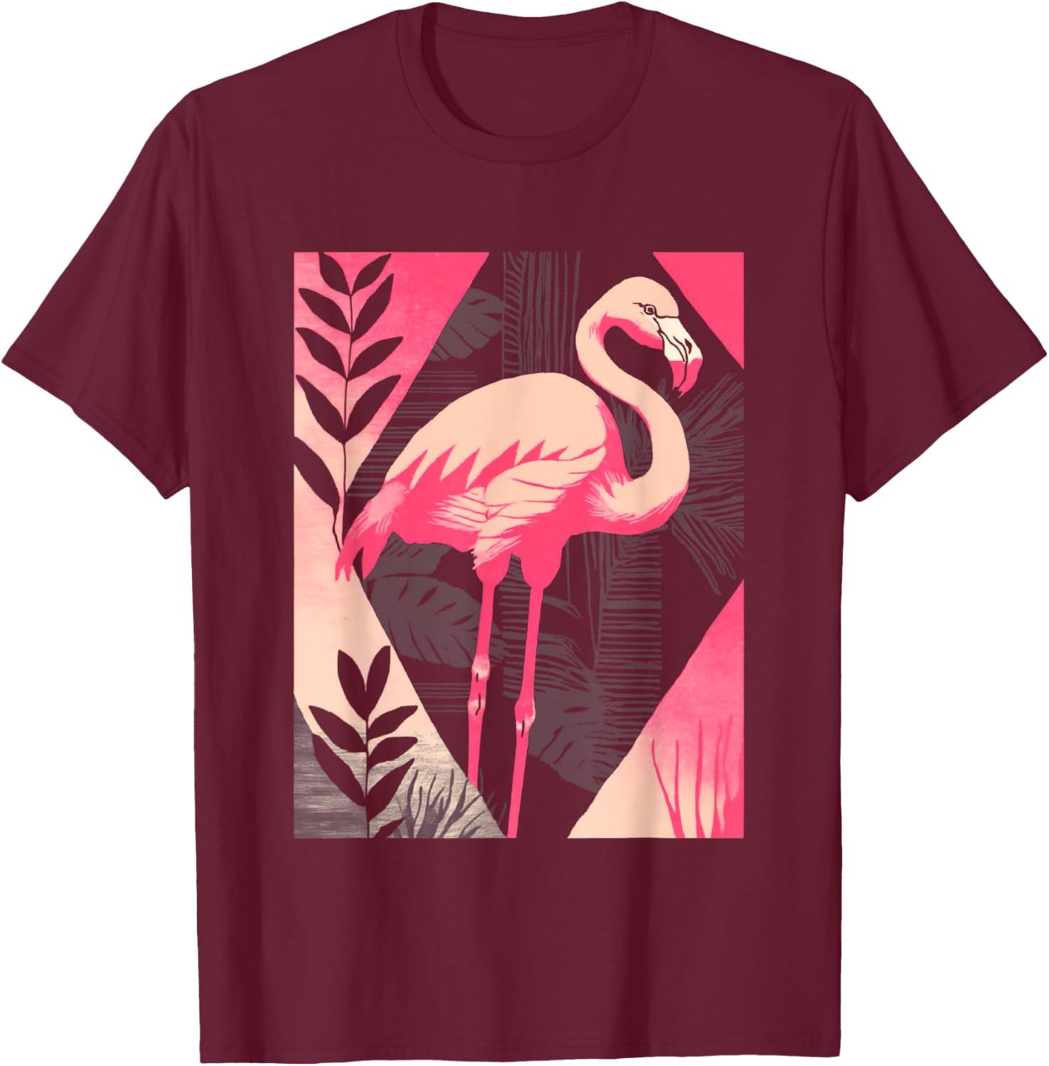 Palm Fronds Art Deco Retro Tropical Flamingo T-Shirt - T-Shirt | Maroon