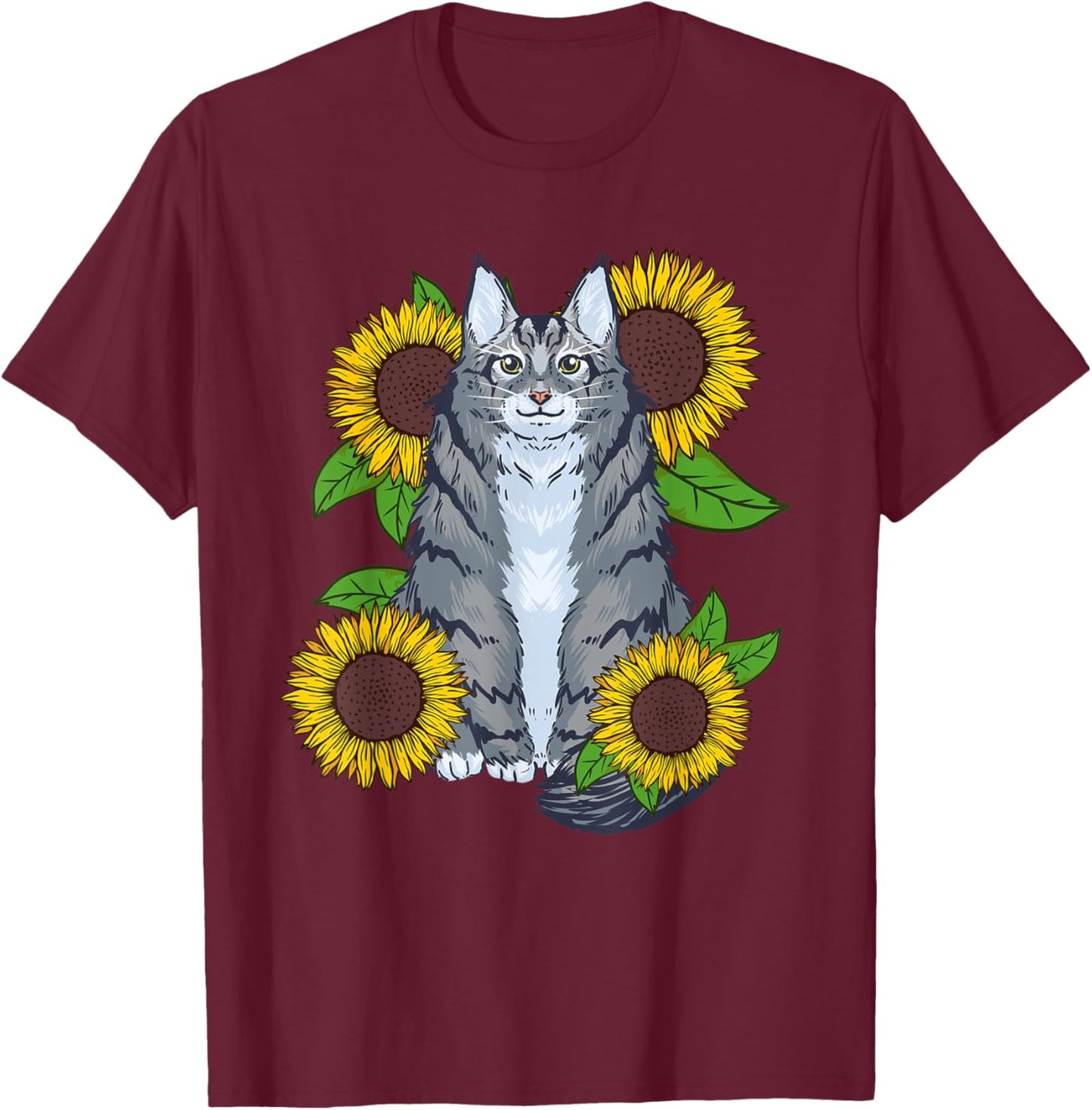 Floral Sunflower Mainecoon Cat Lover Men Women Kids T-Shirt - T-Shirt | Maroon