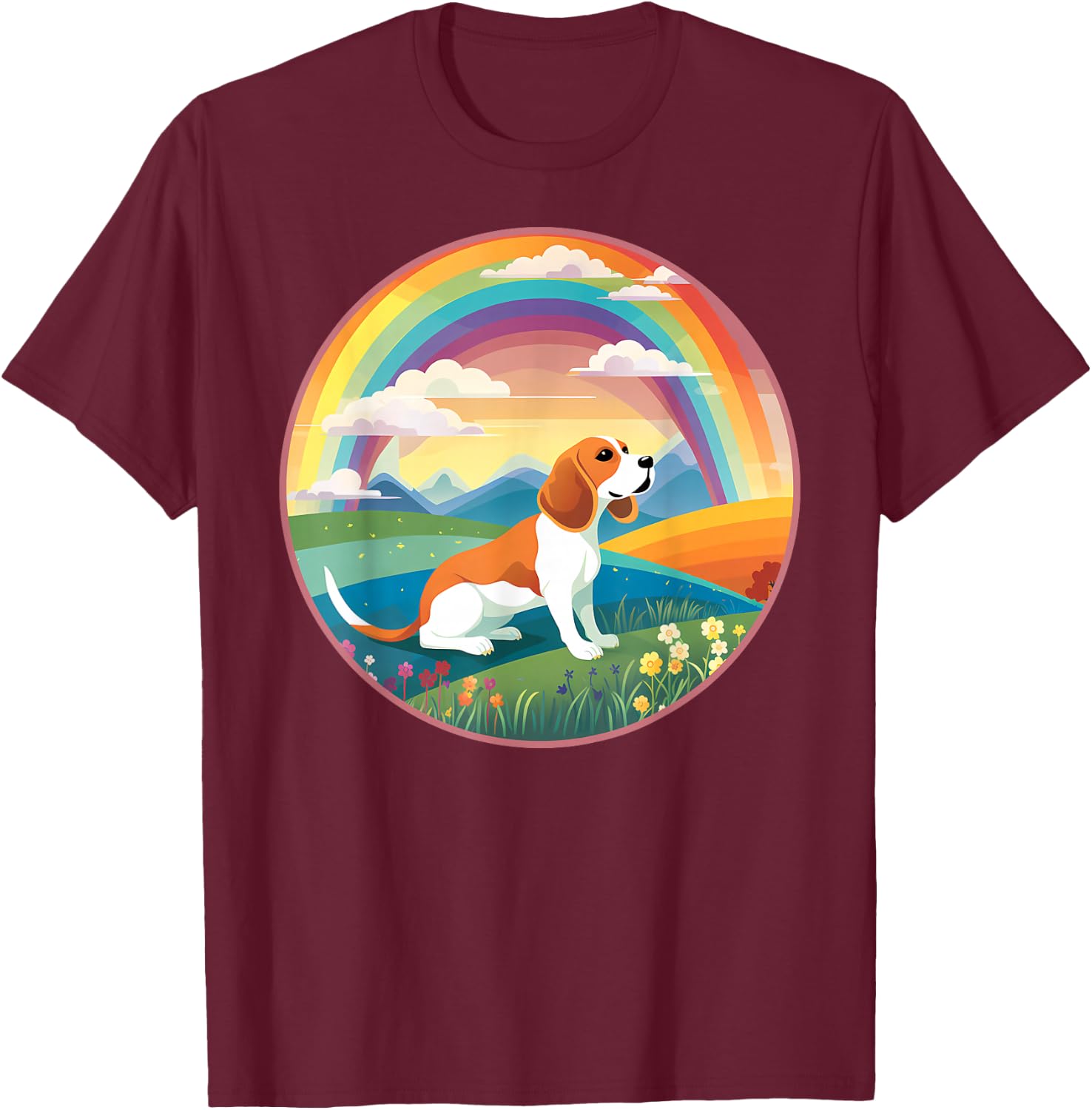 Beagle Rainbow Bridge Colorful Dog Memorial Painting T-Shirt - T-Shirt | Maroon