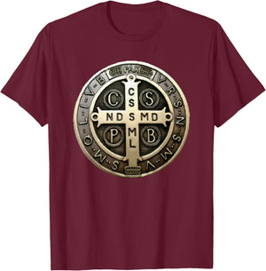 St. Benedict Medal Saint Benedict Cross Catholic Christian T-Shirt - T-Shirt | Maroon