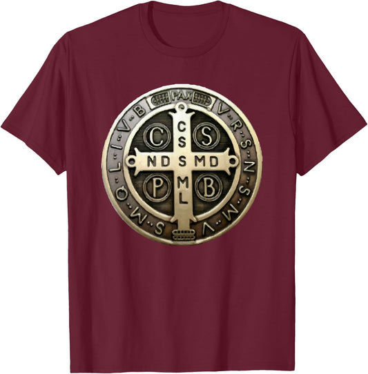 St. Benedict Medal Saint Benedict Cross Catholic Christian T-Shirt - T-Shirt | Maroon