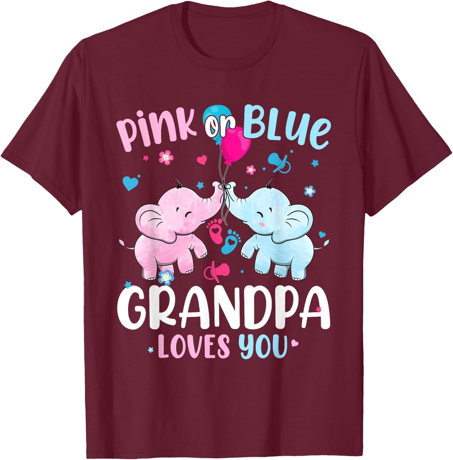 Pink or Blue Grandpa Loves You Gender Reveal Elephant T-Shirt - T-Shirt | Maroon