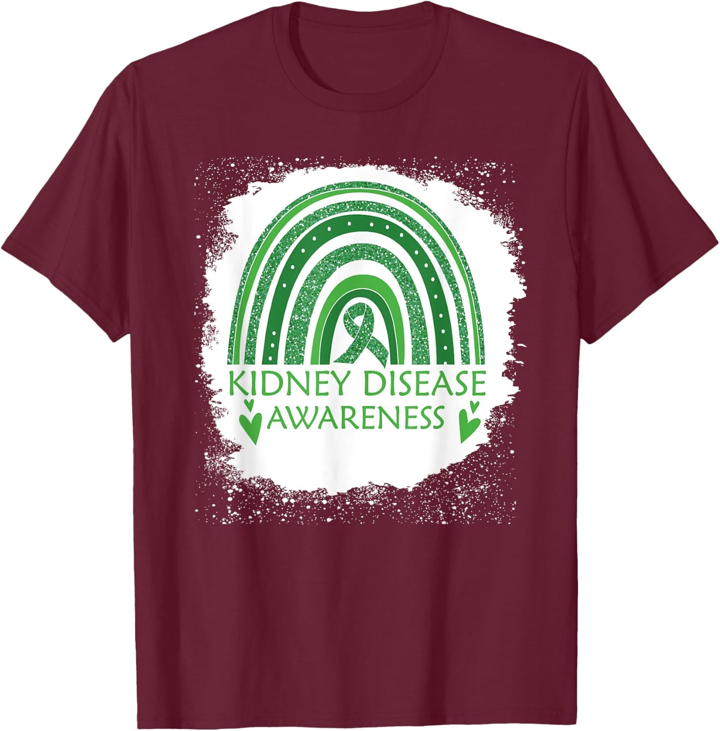 Kidney Disease Awareness Bleached Rainbow Green Ribbon Men T-Shirt - T-Shirt | Maroon