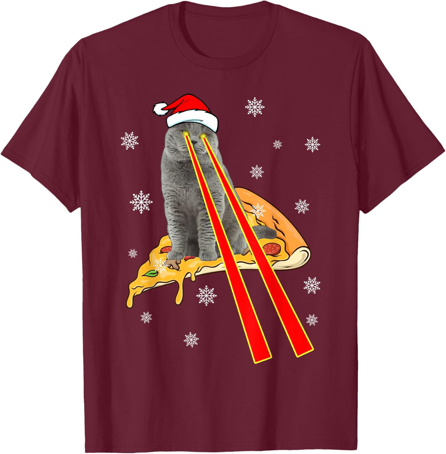 Cat With Laser Eyes Funny Pizza Cat Christmas T-Shirt - T-Shirt | Maroon
