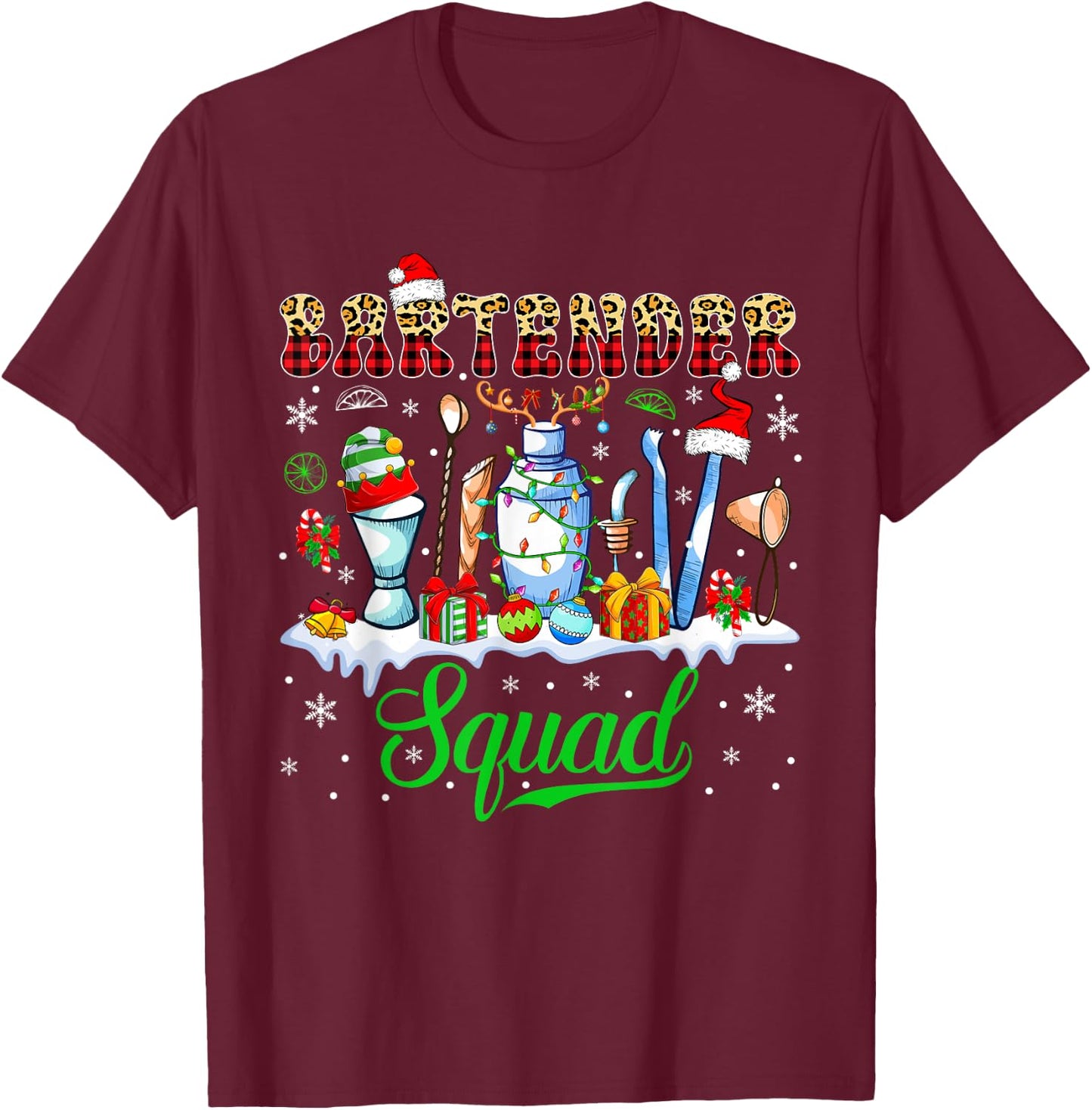 Bartender Squad Christmas Santa Reindeer Elf Bartender Tools T-Shirt - T-Shirt | Maroon